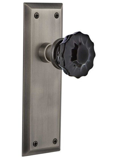 New York Door Set with Colored Fluted Crystal Glass Knobs Black in Antique Pewter.